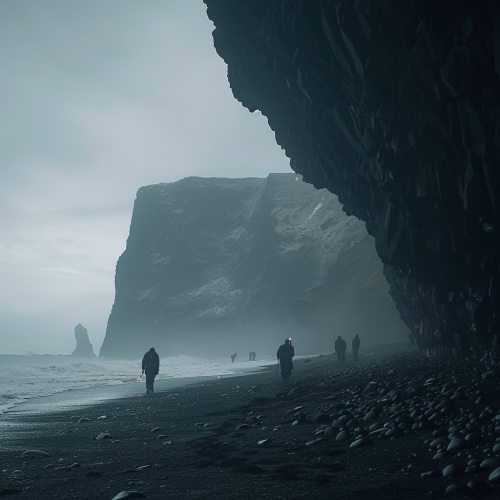 电影剧照,人们在冰岛海滩上的一个黑暗洞穴中行走,下雨,悬崖和海在远处,寒冷雪环境,洞穴内部黑暗,火把照亮里面,黑沙,雾蒙蒙,戏剧性场景,电影风格类似丹尼斯·维伦纽瓦,艺术指导受《沙丘》启发,使用ARRI ALEXA Mini相机拍摄,电影感,超现实主义,高度详细,自然光线。