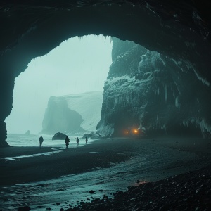 电影剧照,人们在冰岛海滩上的一个黑暗洞穴中行走,下雨,悬崖和海在远处,寒冷雪环境,洞穴内部黑暗,火把照亮里面,黑沙,雾蒙蒙,戏剧性场景,电影风格类似丹尼斯·维伦纽瓦,艺术指导受《沙丘》启发,使用ARRI ALEXA Mini相机拍摄,电影感,超现实主义,高度详细,自然光线。