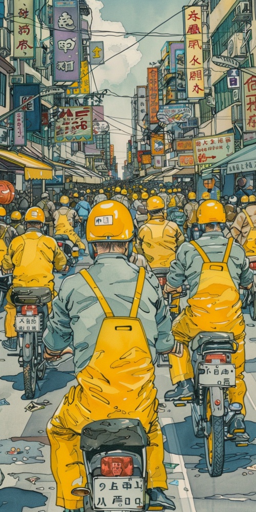 城市马路上，许多送快递的三轮电动车，许多送外卖的二轮电动车，外卖小哥穿黄色工作服，戴黄色安全帽。东来西往非常繁忙景象。