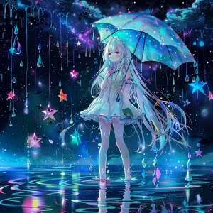 一个留着白色长发的女孩，穿着动漫风格的衣服，手里拿着星星，在一把透明的伞下站在水面上。背景是黑色的星空，五彩缤纷的灯光和闪闪发光的雨滴。插图是可爱的、动画风格的、基于线条的可视化：在半透明的背景上，蓝色8k，