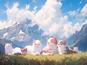 远景蓝天白云，雪山，6只受伤的小猫咪躺在草地上，草地上有红色的水