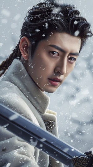An ancient Chinese young man in blue armor, holding an iron sword and wearing black hair with long braids on his head is fighting against the wind under heavy snow. He has exquisite facial features in the style of Chinese portrait painting, in a closeup of his face, resembling high definition photography and game concept art. ar 3:4