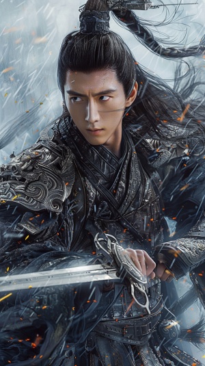 An ancient Chinese young man in blue armor, holding an iron sword and wearing black hair with long braids on his head is fighting against the wind under heavy snow. He has exquisite facial features in the style of Chinese portrait painting, in a closeup of his face, resembling high definition photography and game concept art. ar 3:4