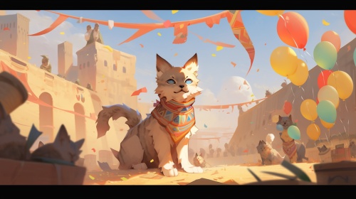 穿越到了几千年前草原上的敦煌猫咪，唯美，古老感，古老的色彩，壁画，传奇故事，仿佛穿越到了几千年前的古埃及金字塔，俯瞰，猫咪，飞跃沙漠，宏伟，真实，古老的壁画，震撼辽阔