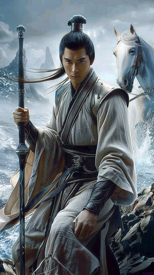 artistic ink painting,A handsome young Chinese man, wearing a set of silver armor , holding a very long and sharp spear. Behind this man is a white steed, with its eyes emitting white light,which is faintly visible. The intense ink painting, splashing effect, grand scene, splashing stones, bioluminescence, and side lighting are clear and distinct ar 3:4s 750