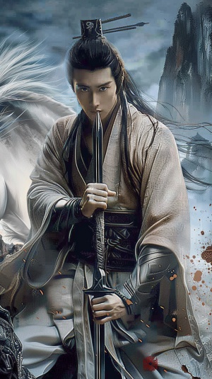 artistic ink painting,A handsome young Chinese man, wearing a set of silver armor , holding a very long and sharp spear. Behind this man is a white steed, with its eyes emitting white light,which is faintly visible. The intense ink painting, splashing effect, grand scene, splashing stones, bioluminescence, and side lighting are clear and distinct ar 3:4s 750