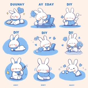 A drawing for the rabbit daily timetable stickers, in the style ofhallyu,screenshotsaturday,mori kei, duckcoreplush doll art,exaggerated poses,[happy, angry, sad, cry, cute, expecting, laughing,disappointed], light white andblue ar 3:4niji5style cute q2 styleraw niji 5 style expressive
