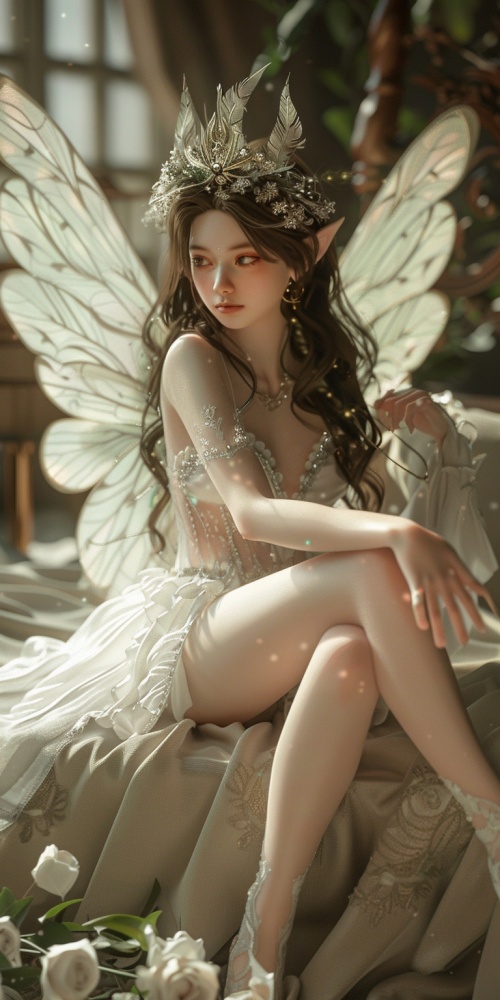 araffes is sitting on a bed with a fairy costume, beautiful adult fairy, brunette elf with fairy wings, beautiful adult fairy queen, beautiful adult book fairy, a beautiful fantasy empress, beautiful and elegant elf queen, full - body majestic angel, full body xianxia, brunette fairy woman, by Yang J, beautiful fairy, fantasy highly detailed
