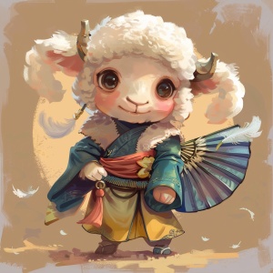 卡通可爱小绵羊，穿着诸葛亮的衣服，拿着羽毛扇