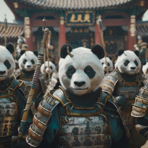 场景一：- 镜头缓缓推进，展示一群熊猫士兵们正在穿戴他们的铠甲。每只熊猫都显得非常认真和专注，它们的眼神中透露出坚毅和勇气。