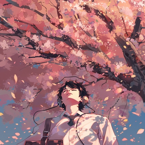 男生jk制服躺在樱花树下俯视角看他的头边上有耳机和公文包，樱花雨落下，夕阳照在他的脸上，他闭眼冥思