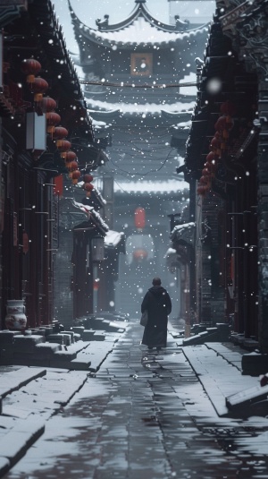 风雪天气，空旷的雪地里，远处一个僧人在行走，超真实细节，超高清，8k