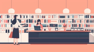 一位女士，在书店买完书，在收银台结账，手绘，UI扁平化设计，插画风格，纯色背景，极简风格