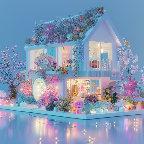 A house, 3D stereoscopic Ice material Interior light blue Conceptual product design Futuristic Blind box toy Handcrafted Exquisite 3D effect Full body display Ultra-high precision Ultra-detailed Perfect lighting OC Renderer Blender 8k Ultra-sharp Ultra-noise reduction，The surface is covered with colorful flowers。