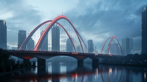 广西省梧州市的拱形桥，左边红色右边蓝色，有钢缆悬吊，在T型江河交汇口上