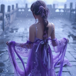 小玛利亚，紫悦，紫色麻花辫。紫色中式发簪，高冷性紫色公主裙。紫色高跟鞋，雪白大长腿，小蛮腰。电影质感。8k，御姐风，二次元完美插画