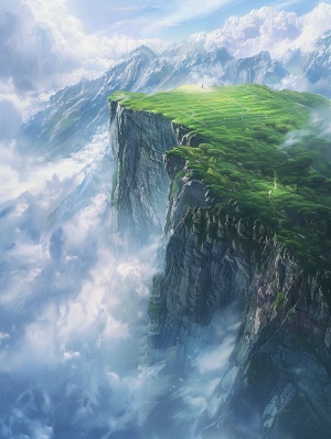 高耸入云的孤峰悬崖顶端翠绿的足球场