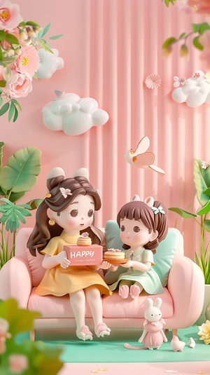 A mother and daughter sat on the sofa in the garden, and the two opened a gift boxwith a happy label, The style was pop mart blind box, 3D rendering, cartoon, pinkbackground, soft color scheme, bright colors, cute clay characters, miniaturesculptures, and miniature models, The scene includes plants, flowers, furniture,trees, clouds, grass, butterflies, birds, dogs, cats, and flowers, niji 6