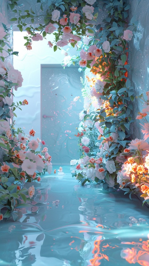 A house, 3D stereoscopic Ice material Interior light blue Conceptual product design Futuristic Blind box toy Handcrafted Exquisite 3D effect Full body display Ultra-high precision Ultra-detailed Perfect lighting OC Renderer Blender 8k Ultra-sharp Ultra-noise reduction，The surface is covered with colorful flowers。