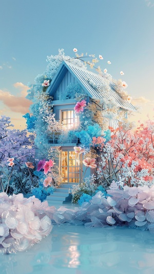 A house, 3D stereoscopic Ice material Interior light blue Conceptual product design Futuristic Blind box toy Handcrafted Exquisite 3D effect Full body display Ultra-high precision Ultra-detailed Perfect lighting OC Renderer Blender 8k Ultra-sharp Ultra-noise reduction，The surface is covered with colorful flowers。