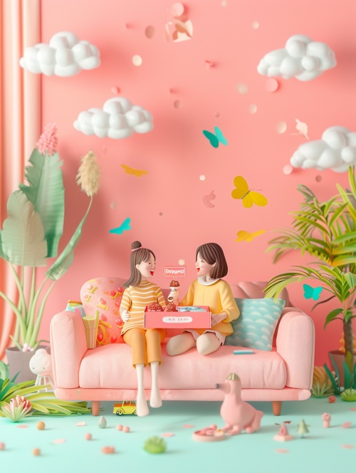 A mother and daughter sat on the sofa in the garden, and the two opened a gift boxwith a happy label, The style was pop mart blind box, 3D rendering, cartoon, pinkbackground, soft color scheme, bright colors, cute clay characters, miniaturesculptures, and miniature models, The scene includes plants, flowers, furniture,trees, clouds, grass, butterflies, birds, dogs, cats, and flowers, niji 6