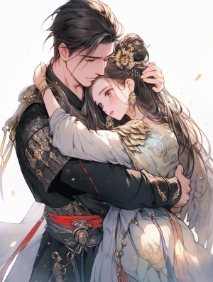 一男一女，女的被男抱在怀里，穿着中国古代的婚服，男的将女人抱在怀里，穿着古代将军的铠甲，男人眼神中是对女的温柔，女的身份是公主很漂亮