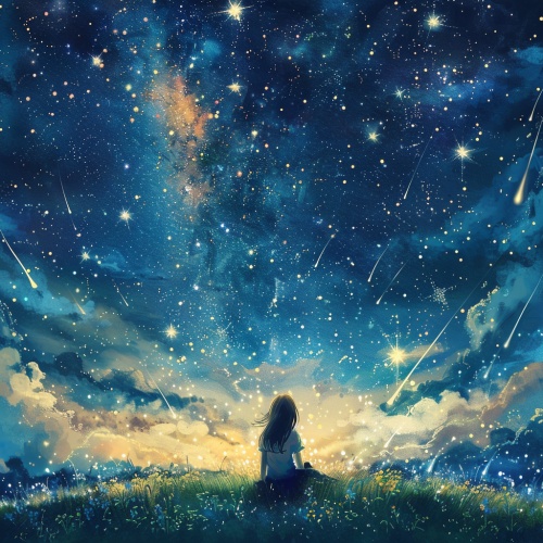 一个女孩坐在草地上仰望天空，满天星辰，流星划过。