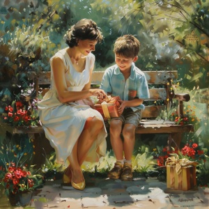 一对母子坐在花园的长椅上打开礼物盒,温馨的画面