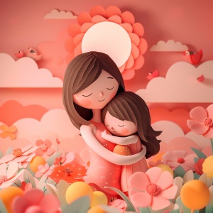 3D illustration of a cute mother and daughter hugging each other, surrounded by flowers and eggs in the style of dreamy landscapes with soft atmospheric perspective, vibrant orange and pink stage backdrops, childlike innocence and charm with cartoonish character design featuring bold shapes and cute characters against a pink background with a simple white sun in the sky resembling paper cutouts from 2d game art.