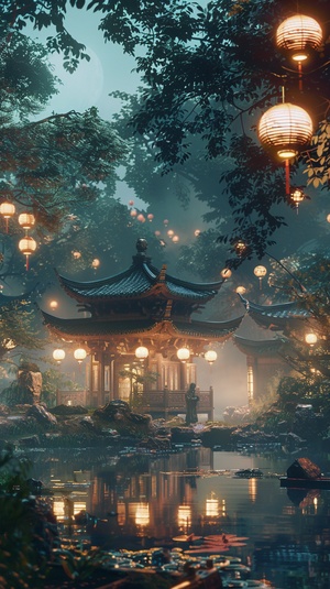 A Chinese style building stands by the stream, with lanterns hanging on it and an old man standing in front of them holding up his hands to look at you. The background is a dark night sky, surrounded by dense forests, creating cinematic lighting effects. Unreal Engine rendering creates stunning details, perfect for adding text or images. in the style of Chinese artists.