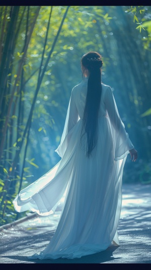 白衣美女背身拍摄角度，在竹林上坡路上，微风轻轻吹过，背景蓝色调，突出忧郁感