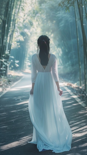 白衣美女背身拍摄角度，在竹林上坡路上，微风轻轻吹过，背景蓝色调，突出忧郁感