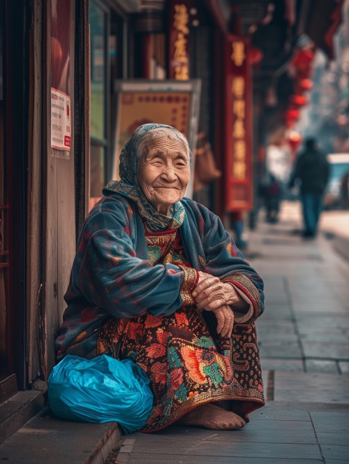 慈祥的母亲坐在街头，脸上都是幸福的微笑。超真实，街拍，摄影师视觉。