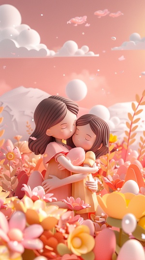 3D illustration of a cute mother and daughter hugging each other, surrounded by flowers and eggs in the style of dreamy landscapes with soft atmospheric perspective, vibrant orange and pink stage backdrops, childlike innocence and charm with cartoonish character design featuring bold shapes and cute characters against a pink background with a simple white sun in the sky resembling paper cutouts from 2d game art.