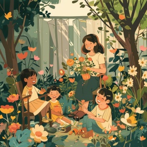 In the yard , an mother sits on a chair , holding flowers and smiling , her children are beside her , talking and laughing , surrounded by a garden full of flowers , a flat style illustration drawn with colored lines ,64K ar 3:4 s 1000- niji 6