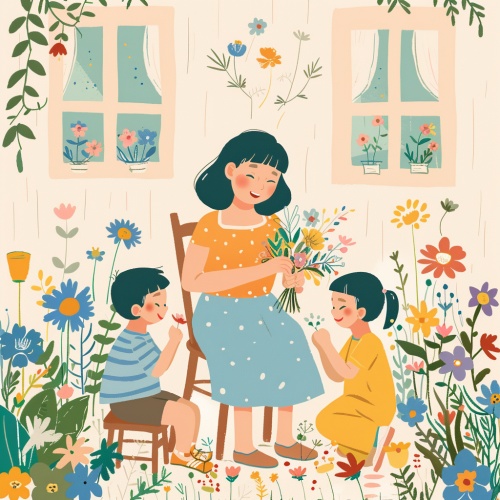 In the yard , an mother sits on a chair , holding flowers and smiling , her children are beside her , talking and laughing , surrounded by a garden full of flowers , a flat style illustration drawn with colored lines ,64K ar 3:4 s 1000- niji 6
