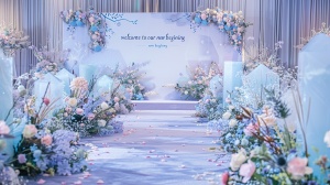 一个现代而优雅婚礼仪式装饰,有浅粉色、蓝色、白色花朵和绿色植物。在空舞台左侧设置了一个大型背景布景,上面写着“欢迎来到我们的新起点”。从正面看,地板上有一条长长的地毯通向舞台。两边都有透明冰雕,里面装有鲜花。在这两个装满鲜花的帐篷之间。所有这些后面的背景墙是淡紫色的,带有微妙的图案。
