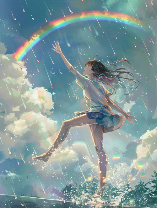下大雨，天空有彩虹，一个20岁穿着裙子的女生，散发，用脚踢着地上的水，女生满脸微笑，一只小猫在女生旁边跳跃。