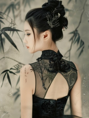 穿黑色连衣裙的中国美女,背部有纹身,图案为竹纹水墨风格。