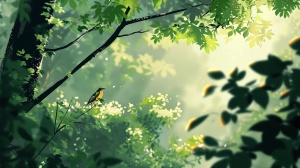 在茂密的森林中，高大的树木层层叠叠，枝叶繁茂。清晨的阳光透过树叶的缝隙洒下斑驳的光影，形成一幅美丽的画面。一只黄鹂在树枝间轻盈地跳跃、歌唱，其金黄的羽毛在阳光下闪闪发光。鸟儿清脆悦耳的鸣声回荡在森林中，仿佛在为这宁静而和谐的自然世界谱写一首美妙的乐章。画面中的树木以深绿、墨绿为主色调，光影交错形成明暗对比，增加了画面的层次感。黄鹂与树木的比例和位置关系恰到好处，既突出了鸟儿的形象又未显突兀。通过轻风拂动树叶、鸟儿展翅飞翔等动态元素营造出生动活跃的氛围。整个画面充满了生机与活力展现了一幅宁静而和谐的自然景象。