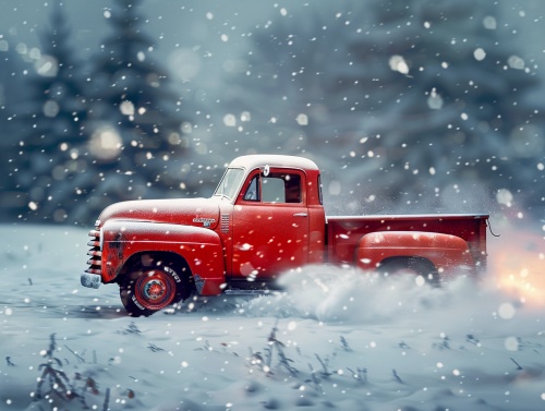 雪地中疾驰的红色大卡车