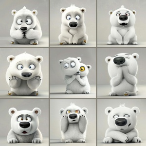 Nine pictures, various postures and expressions,Gray, lovely, polar bear, big round eyes, yellow ears,3D cartoon style, Happy, sad, angry, say hello, say yes, express gratitude, depressed, thinking, embarrassed,duy huynh，caninecore，strong composition, soft colors, high resolution ,A clean background,8k ar 1:1 s 800 niji 6