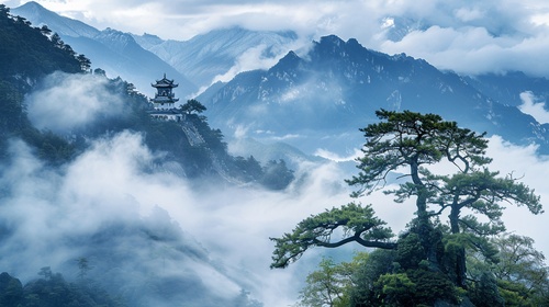 高耸入云的雪山，雪山下有一棵绿色的青松