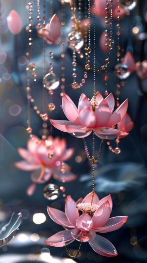 粉红色的莲花上挂着珠子和水晶珠子,花瓣上有中国艺术风格的幻想背景、暗色背景、粉红色的花朵装饰、动漫风格、五彩缤纷的动画画面、闪闪发光的水面倒影、梦幻般的场景、粉白配色方案、超高分辨率。