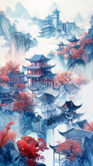 Traditional Chinese architecture, Oriental landscape painting, Multi - dimensional paper kirigami craft, paper illustration, Chinese illustration on white background, above super wide angle, dreamy, 4K, romantic, trending on Artstation, spring, 3d relief s 300 ar 3:4