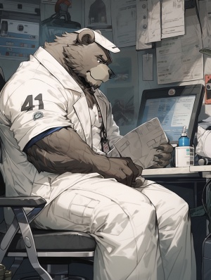 强壮，帅气的熊兽人。身穿白大褂，坐在就诊桌旁。