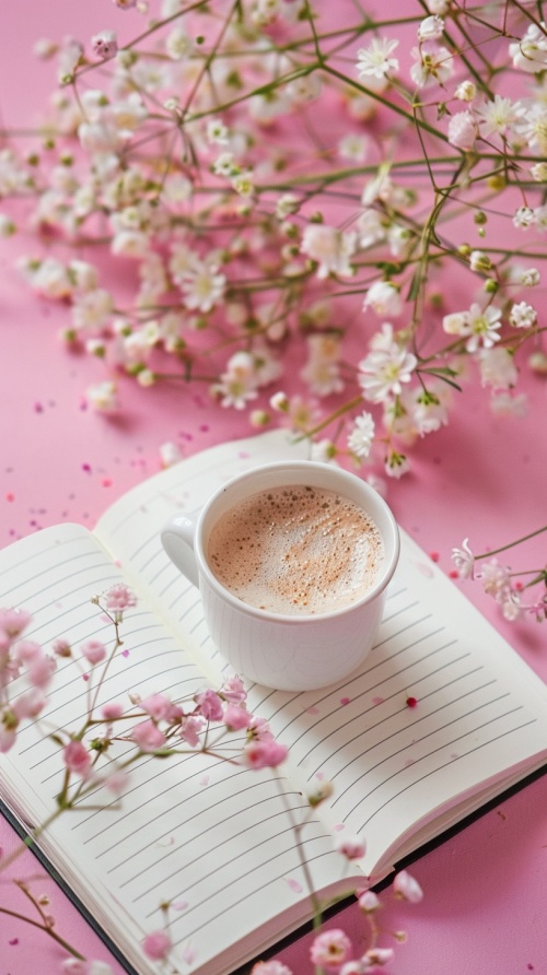 干净清爽的粉红色渐变背景，一只花和几朵点缀的满天星，一本打开的空白笔记本边上有一只精致的咖啡杯，咖啡杯里面有拉花的卡布奇诺咖啡。