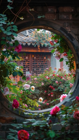 苏州园林庭院，圆窗海棠墙蔷薇花