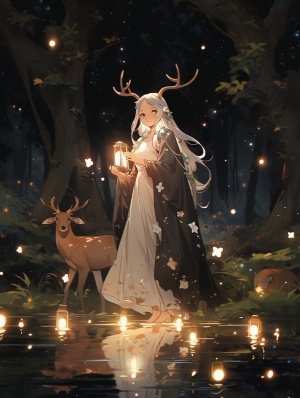 清新画报：夜晚森林中的萤火虫和麋鹿与精灵般美丽的少女
