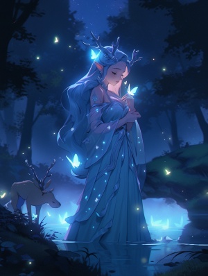 清新画报：夜晚森林中的萤火虫和麋鹿与精灵般美丽的少女